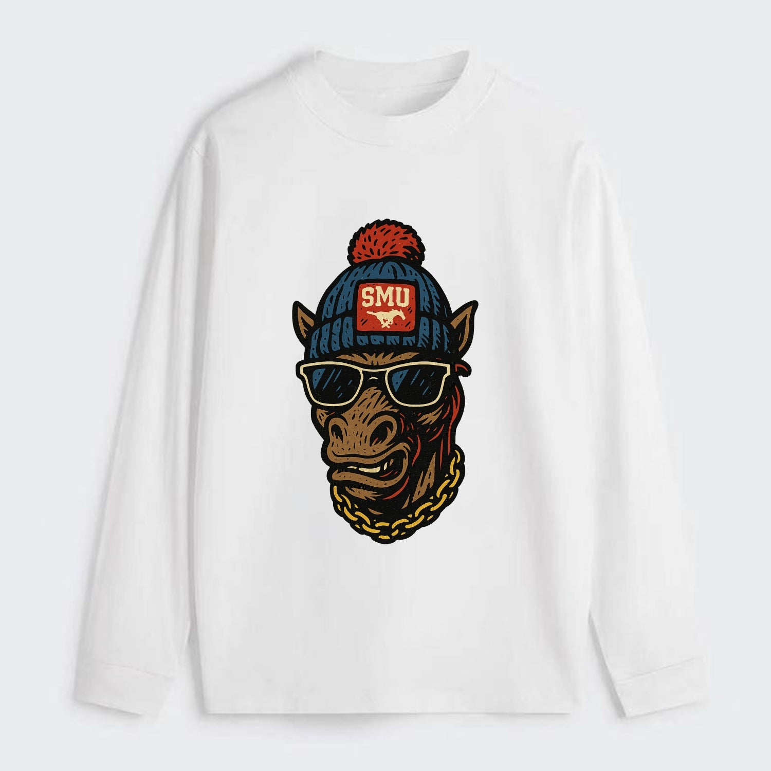 Dallas Mustang wearing SMU beanie with pony patch - Classic Long Sleeve Shirt - White