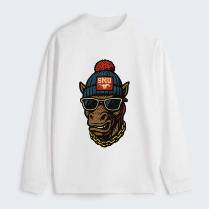 Dallas Mustang wearing SMU beanie with pony patch - Classic Long Sleeve Shirt - White