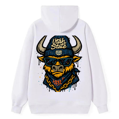 Logan Aggie wearing Utah State beanie with USU patch - Classic Pullover Hoodie - White