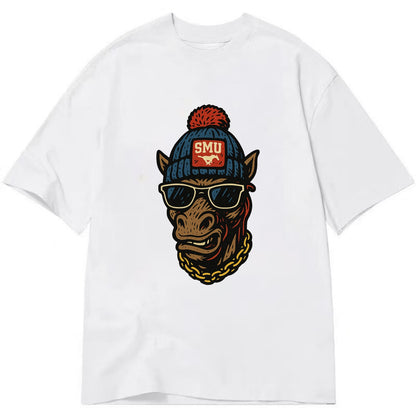 Dallas Mustang wearing SMU beanie with pony patch - Classic T-shirt - White
