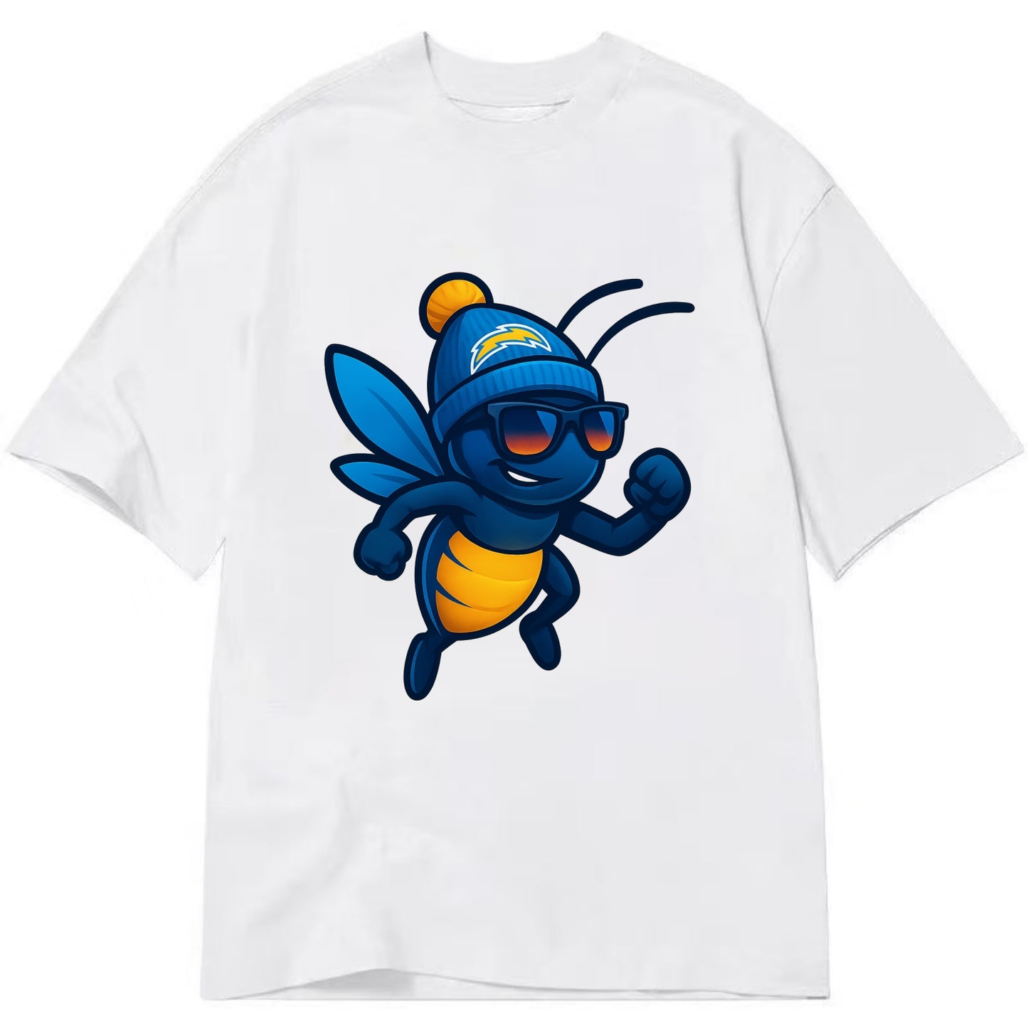 LA Lightning Bug wearing Chargers powder blue and gold beanie with pom pom and - Classic T-shirt - White