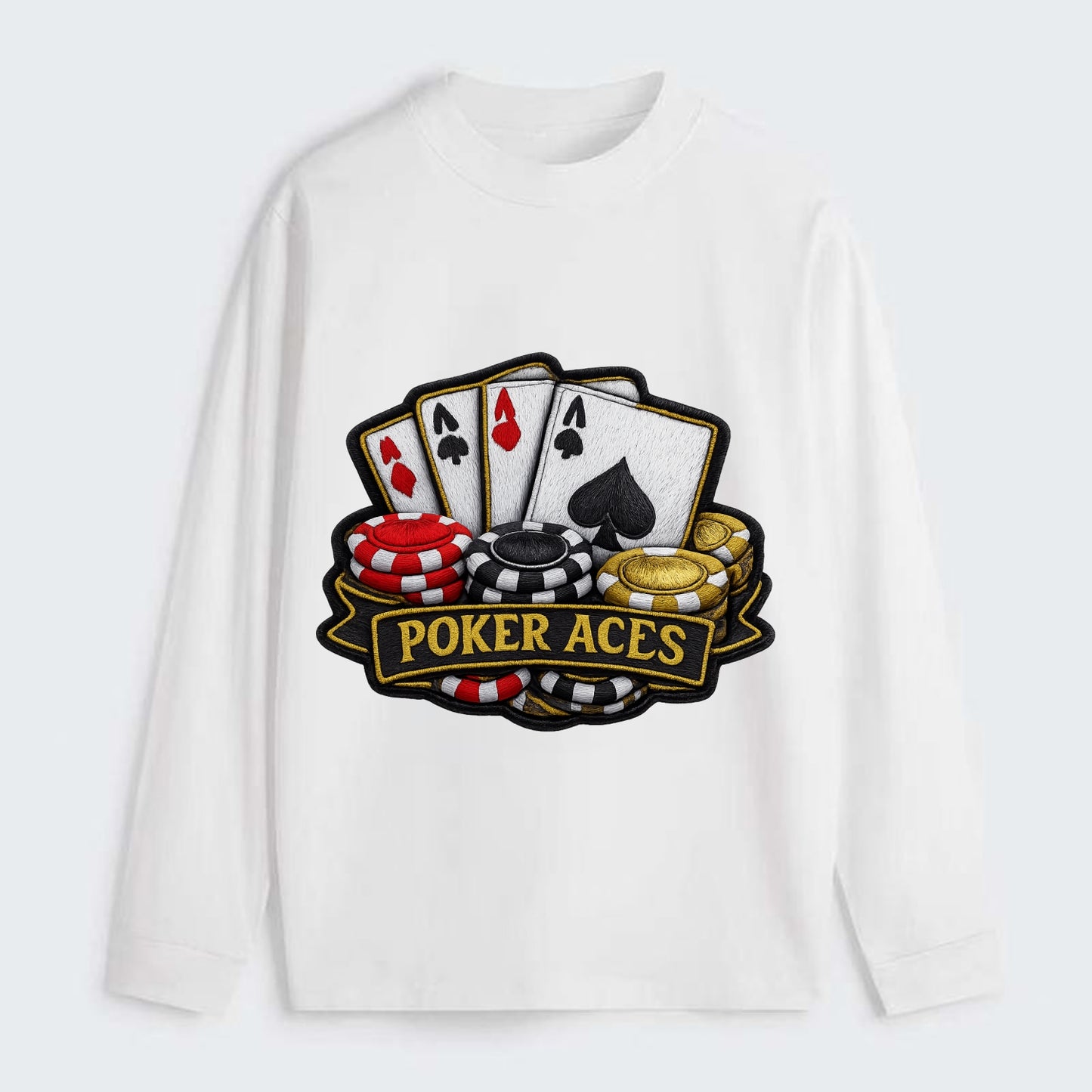 Embroidered patch design - POKER ACES - four aces with chips in red, - Classic Long Sleeve Shirt - White