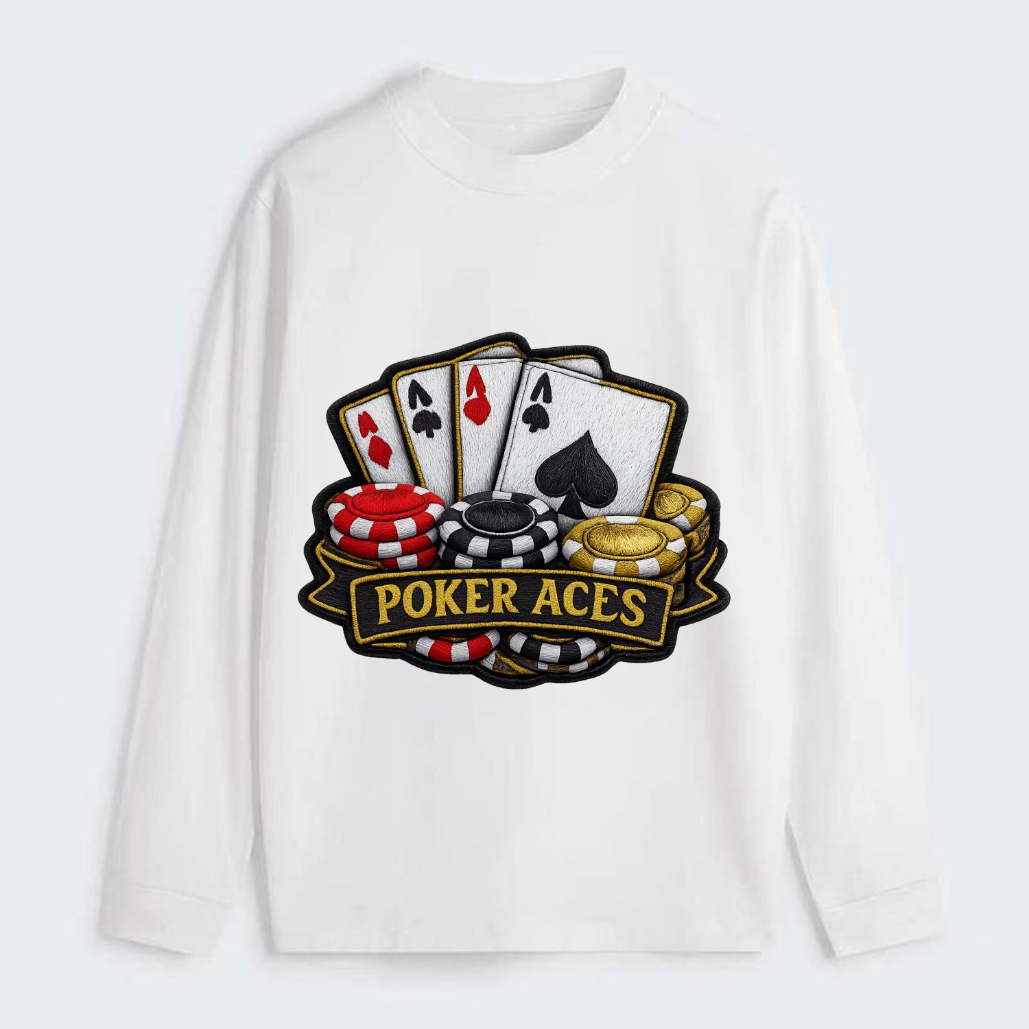 Embroidered patch design - POKER ACES - four aces with chips in red, - Classic Long Sleeve Shirt - White