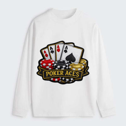 Embroidered patch design - POKER ACES - four aces with chips in red, - Classic Long Sleeve Shirt - White