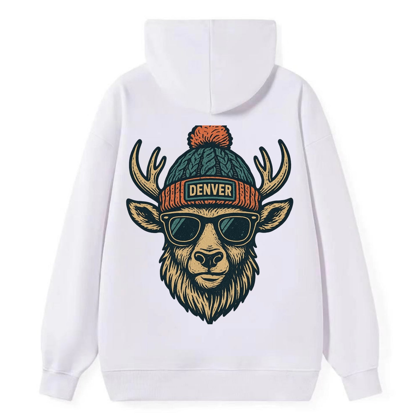 Denver Elk wearing Denver beanie with pom pom and wayfarer sunglasses - Classic Pullover Hoodie - White
