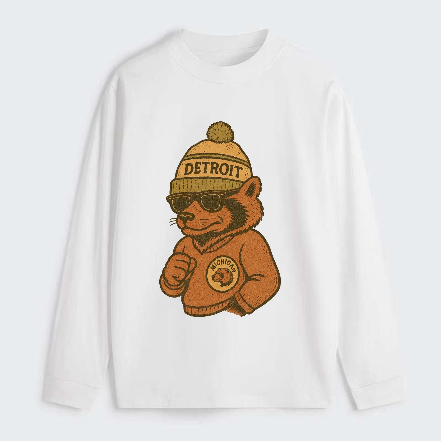 Michigan Wolverine wearing Detroit beanie with pom pom and wayfarer - Classic Long Sleeve Shirt - White