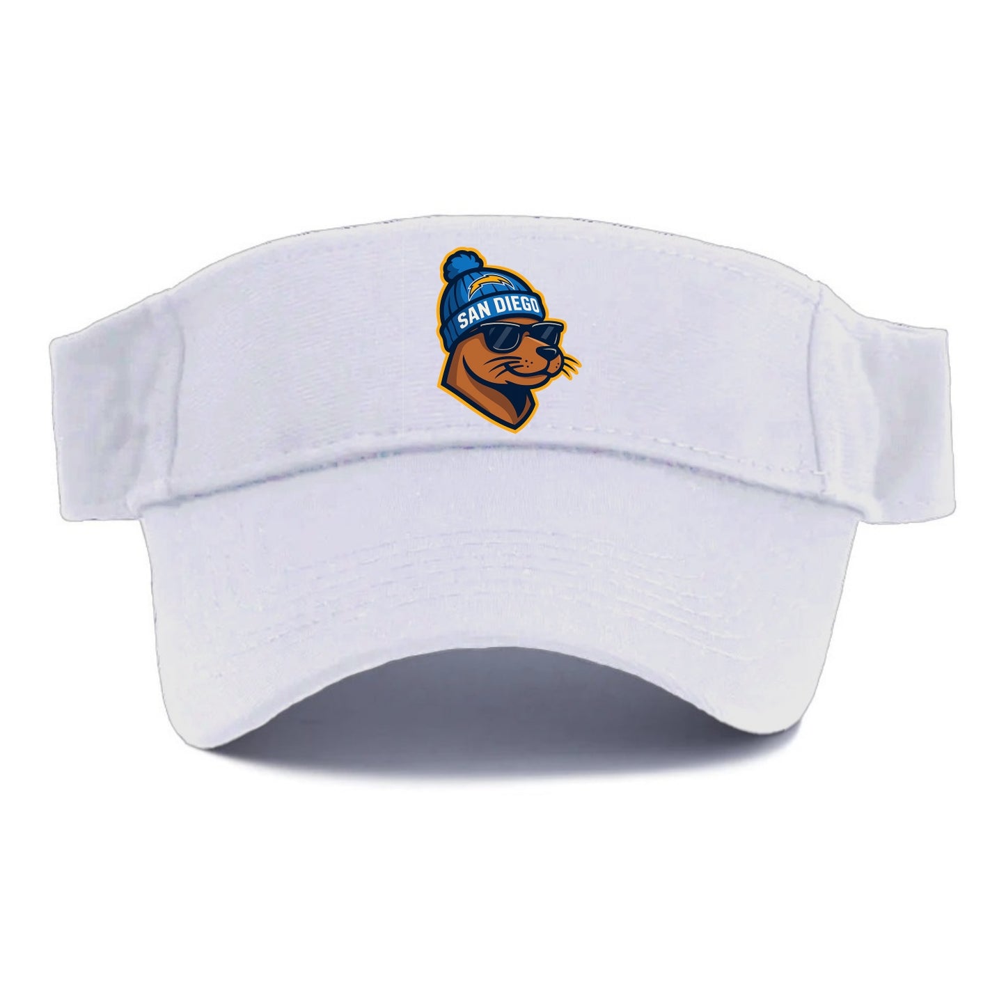 San Diego Sea Lion wearing Chargers beanie with bolt patch and wayfarer sunglasses - Visor - White