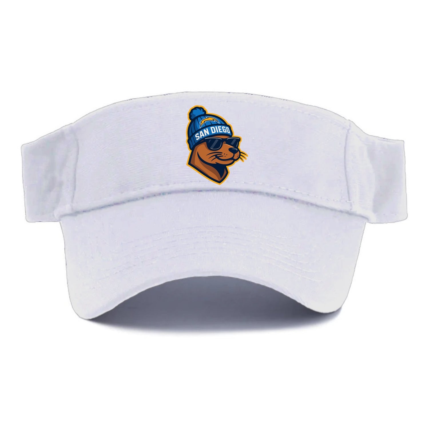 San Diego Sea Lion wearing Chargers beanie with bolt patch and wayfarer sunglasses - Visor - White