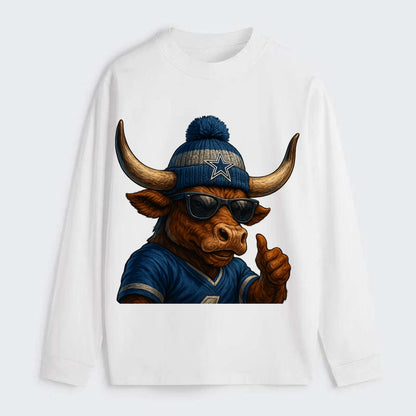 Texas Longhorn wearing Cowboys silver and blue beanie with star and - Classic Long Sleeve Shirt - White