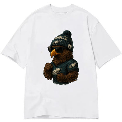 Philly Hawk wearing Eagles beanie with Rocky patch and wayfarer sunglasses - Classic T-shirt - White