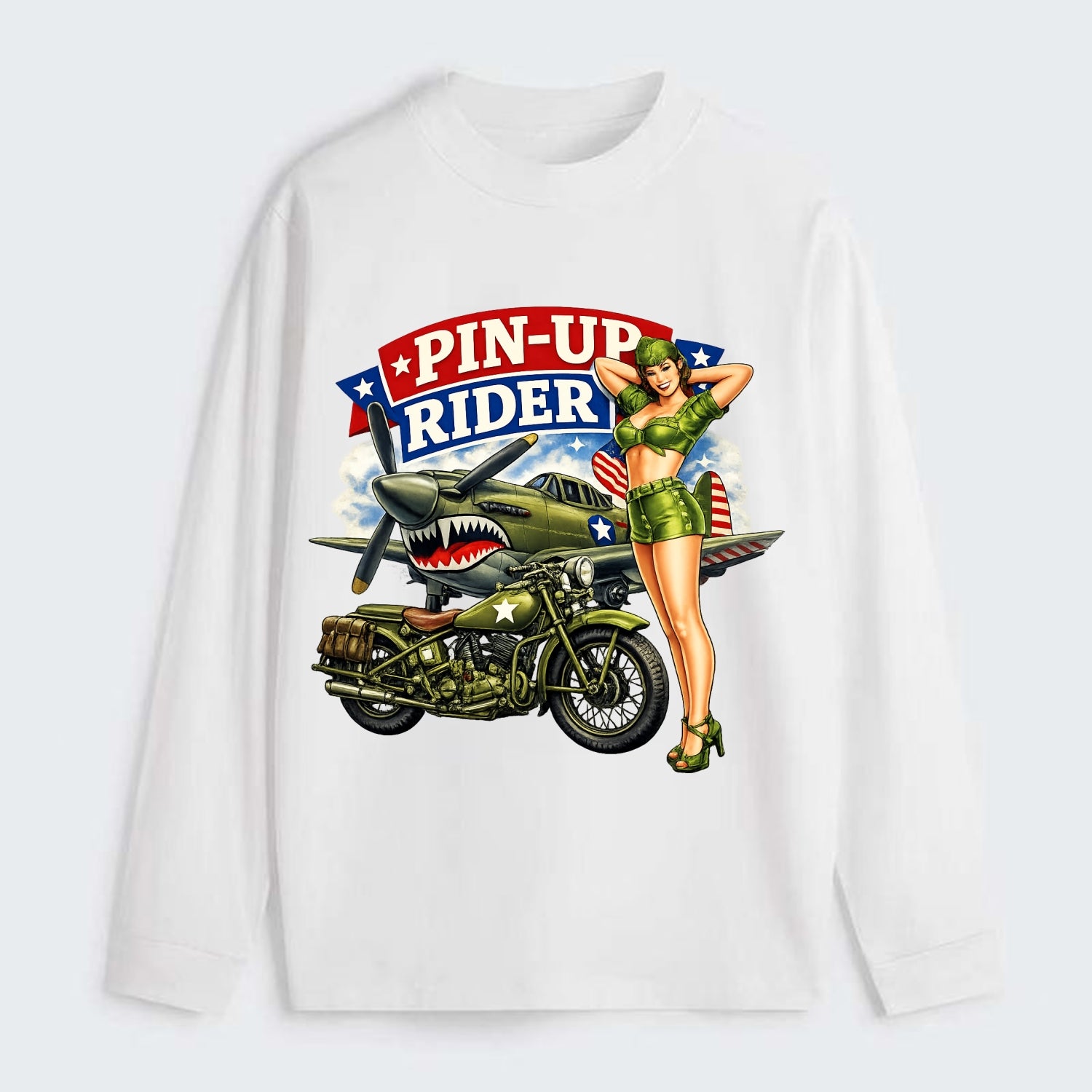Wwii Pin Up Rider - Classic Long Sleeve Shirt - White