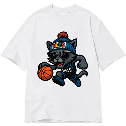 Brooklyn Cat wearing Nets beanie with street art patch and wayfarer sunglasses - Classic T-shirt - White