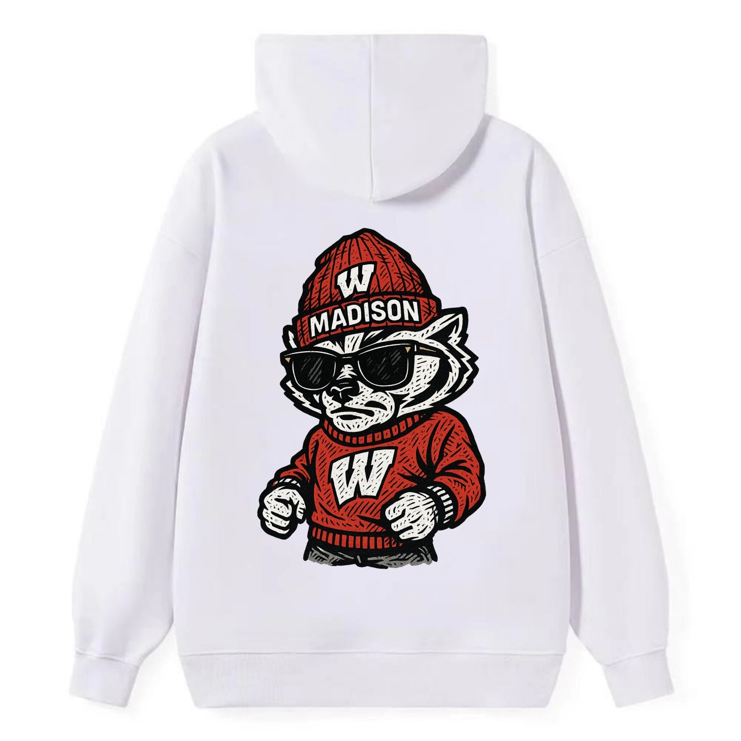 Madison Badger wearing Wisconsin beanie with motion W patch - Classic Pullover Hoodie - White