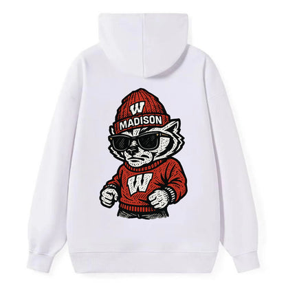 Madison Badger wearing Wisconsin beanie with motion W patch - Classic Pullover Hoodie - White