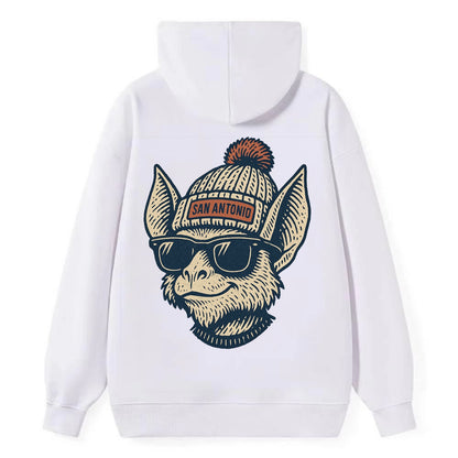 San Antonio Bat wearing San Antonio beanie with pom pom and wayfarer - Classic Pullover Hoodie - White