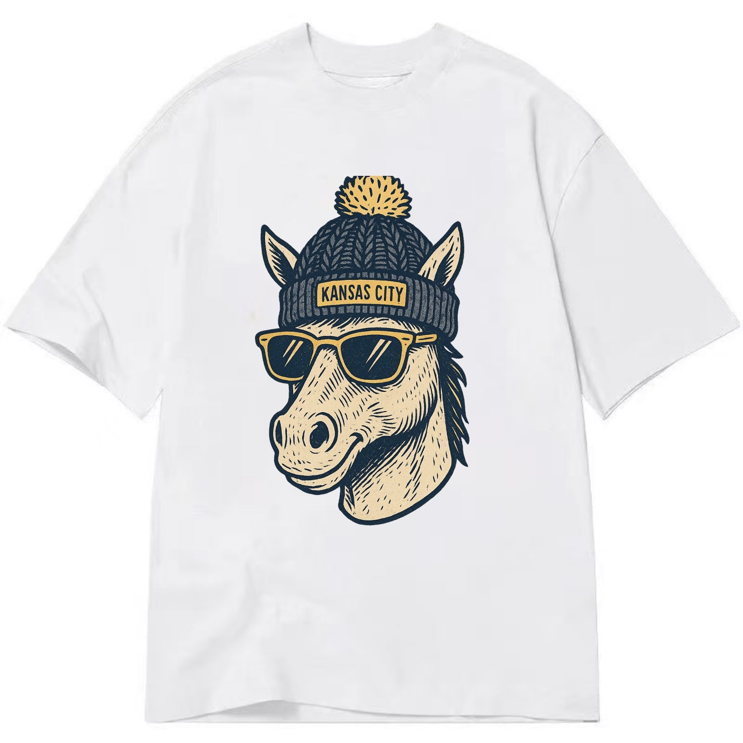Missouri Mule wearing Kansas City beanie with pom pom and wayfarer sunglasses - Classic T-shirt - White