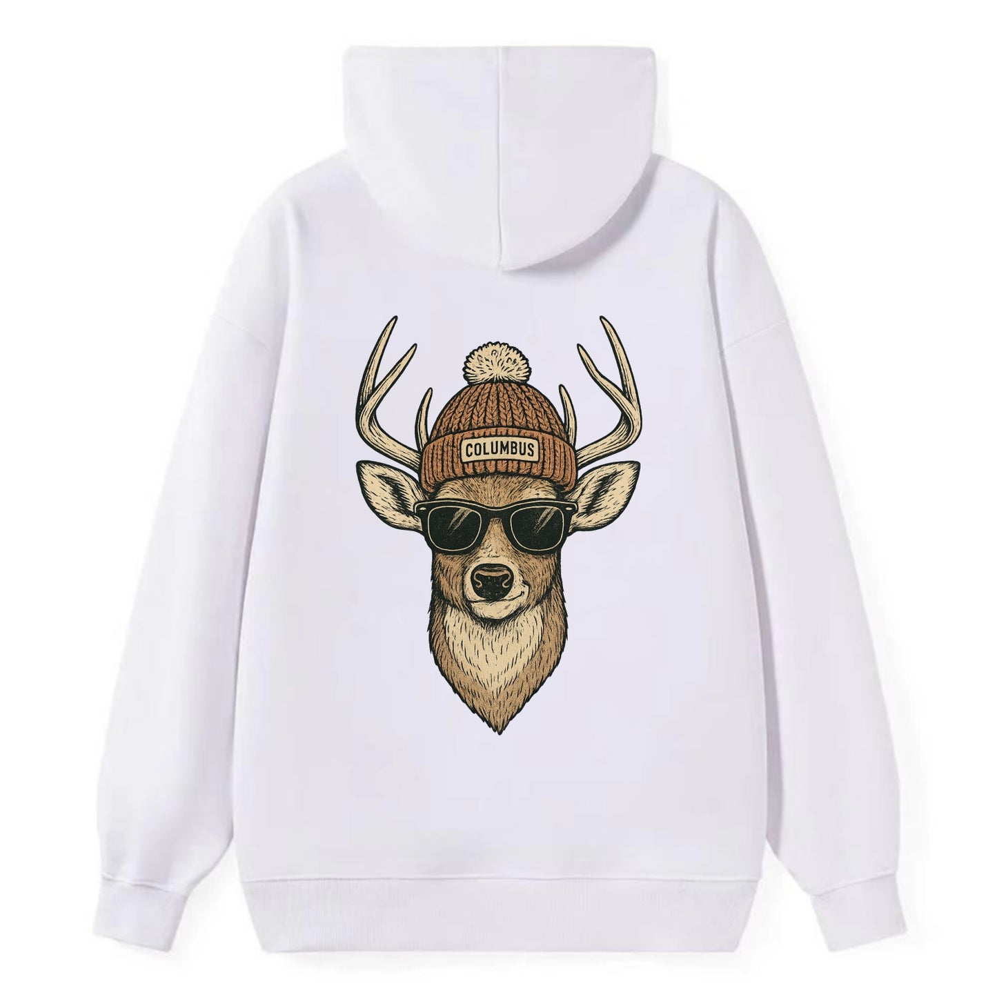 Ohio White-tailed Deer wearing Columbus beanie with pom pom and wayfarer - Classic Pullover Hoodie - White