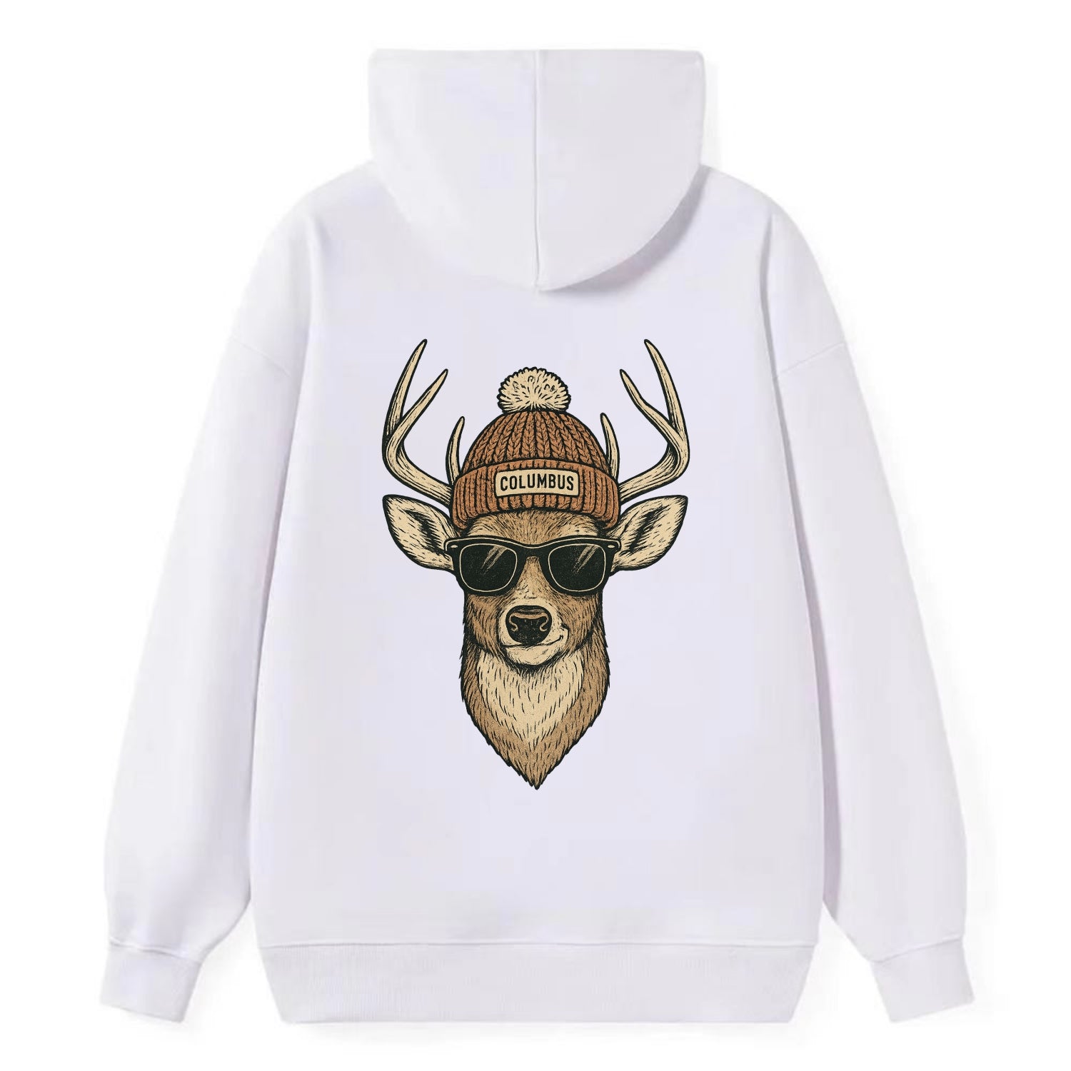Ohio White-tailed Deer wearing Columbus beanie with pom pom and wayfarer - Classic Pullover Hoodie - White