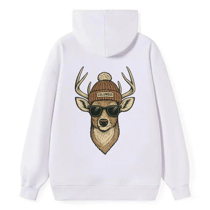 Ohio White-tailed Deer wearing Columbus beanie with pom pom and wayfarer - Classic Pullover Hoodie - White