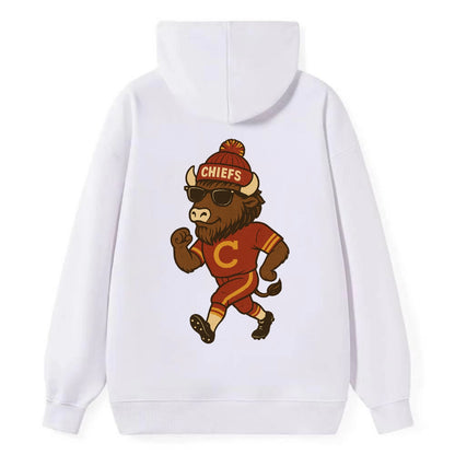 KC Bison wearing Chiefs beanie with arrowhead patch and wayfarer - Classic Pullover Hoodie - White