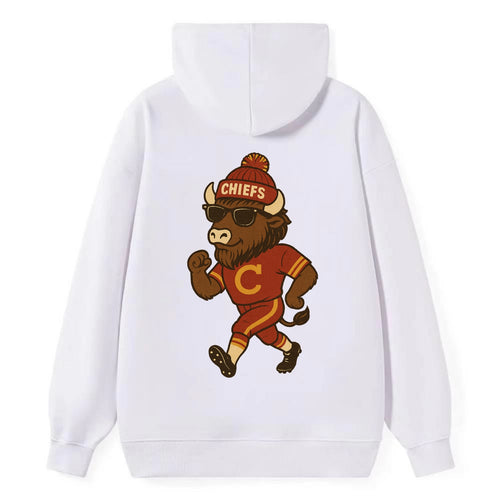 KC Bison wearing Chiefs beanie with arrowhead patch and wayfarer - Classic Pullover Hoodie