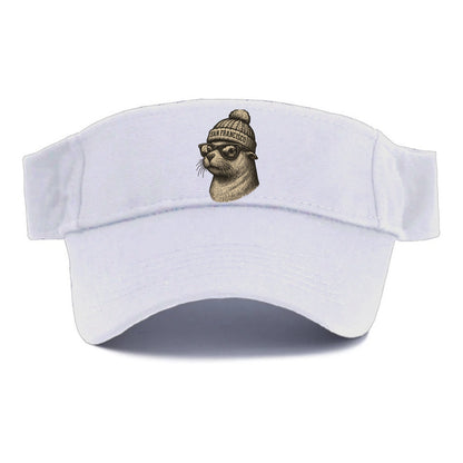 San Francisco Sea Lion wearing San Francisco beanie with pom pom and wayfarer sunglasses - Visor - White