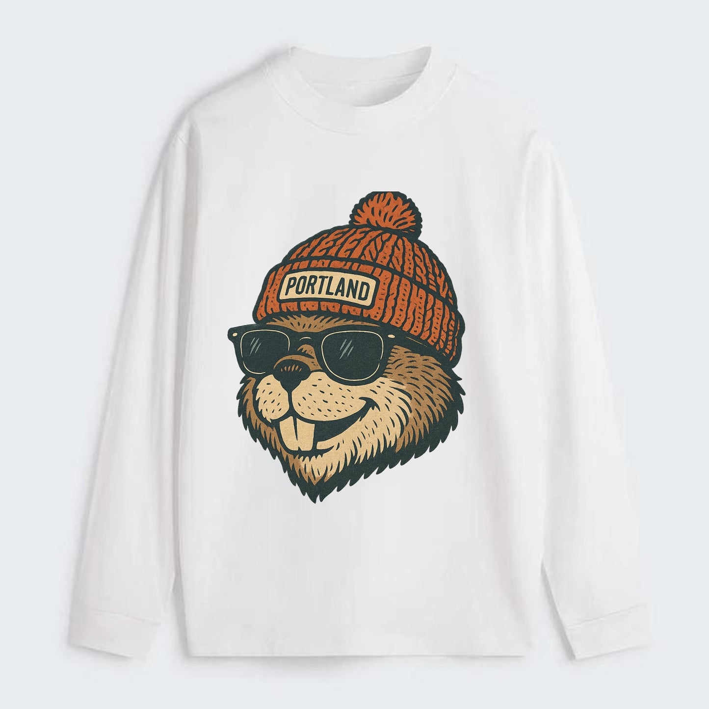 Oregon Beaver wearing Portland beanie with pom pom and wayfarer - Classic Long Sleeve Shirt - White