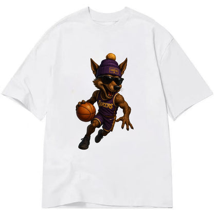 Hollywood Coyote wearing Lakers beanie with Showtime patch and wayfarer sunglasses - Classic T-shirt - White