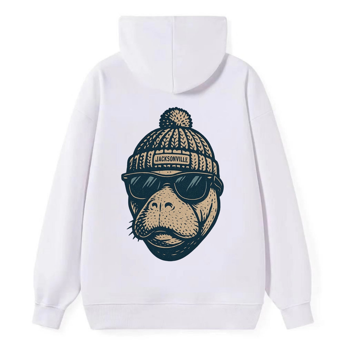 Jacksonville Manatee wearing Jacksonville beanie with pom pom and - Classic Pullover Hoodie - White