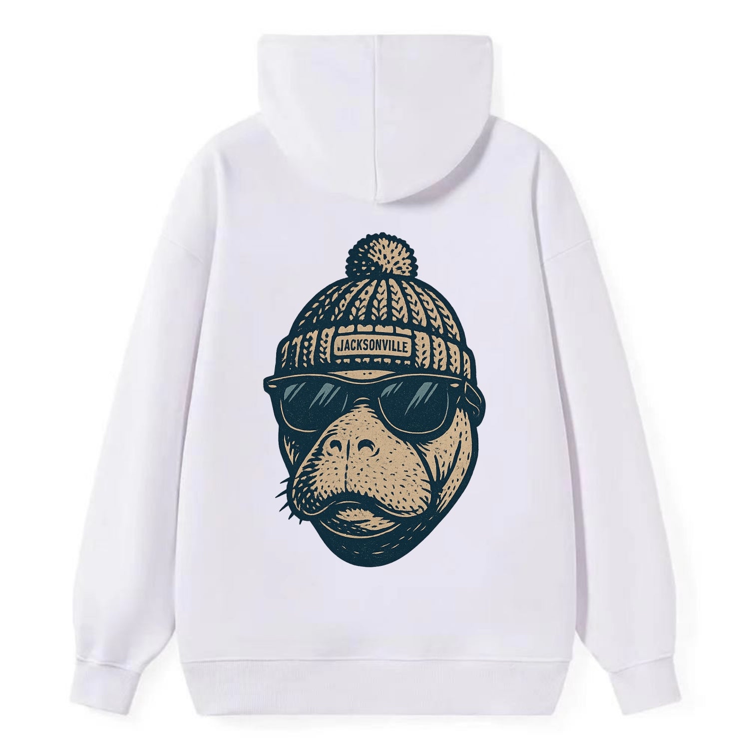 Jacksonville Manatee wearing Jacksonville beanie with pom pom and - Classic Pullover Hoodie - White