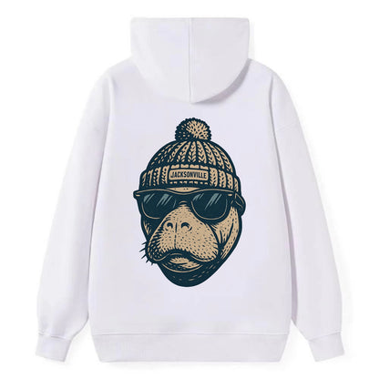 Jacksonville Manatee wearing Jacksonville beanie with pom pom and - Classic Pullover Hoodie - White