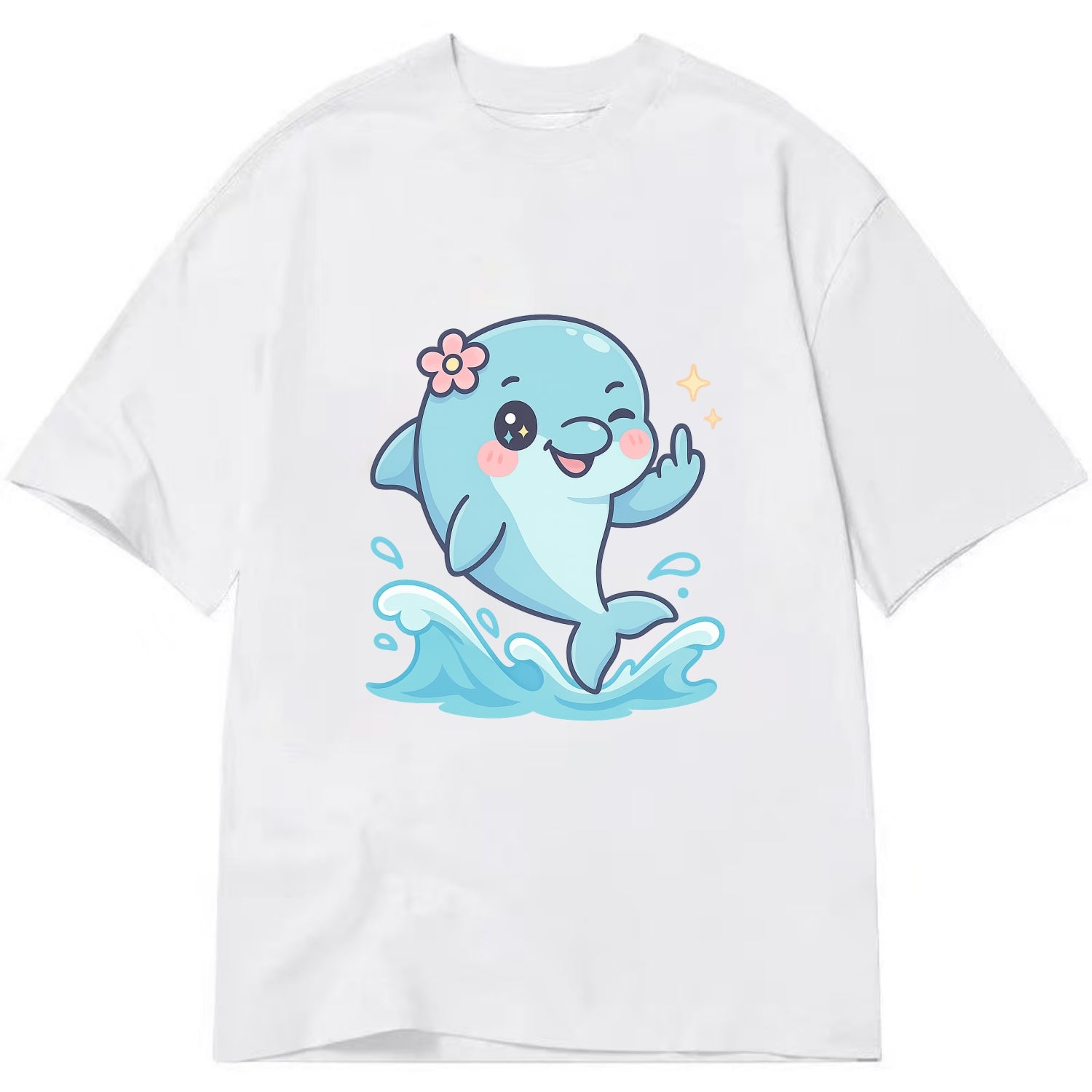 smiling dolphin jumping through ocean waves, one fin up with attitude - Classic T-shirt - White