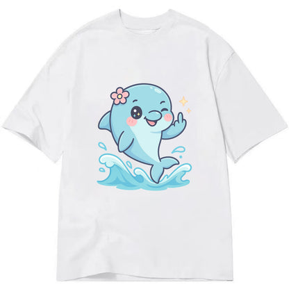 smiling dolphin jumping through ocean waves, one fin up with attitude - Classic T-shirt - White