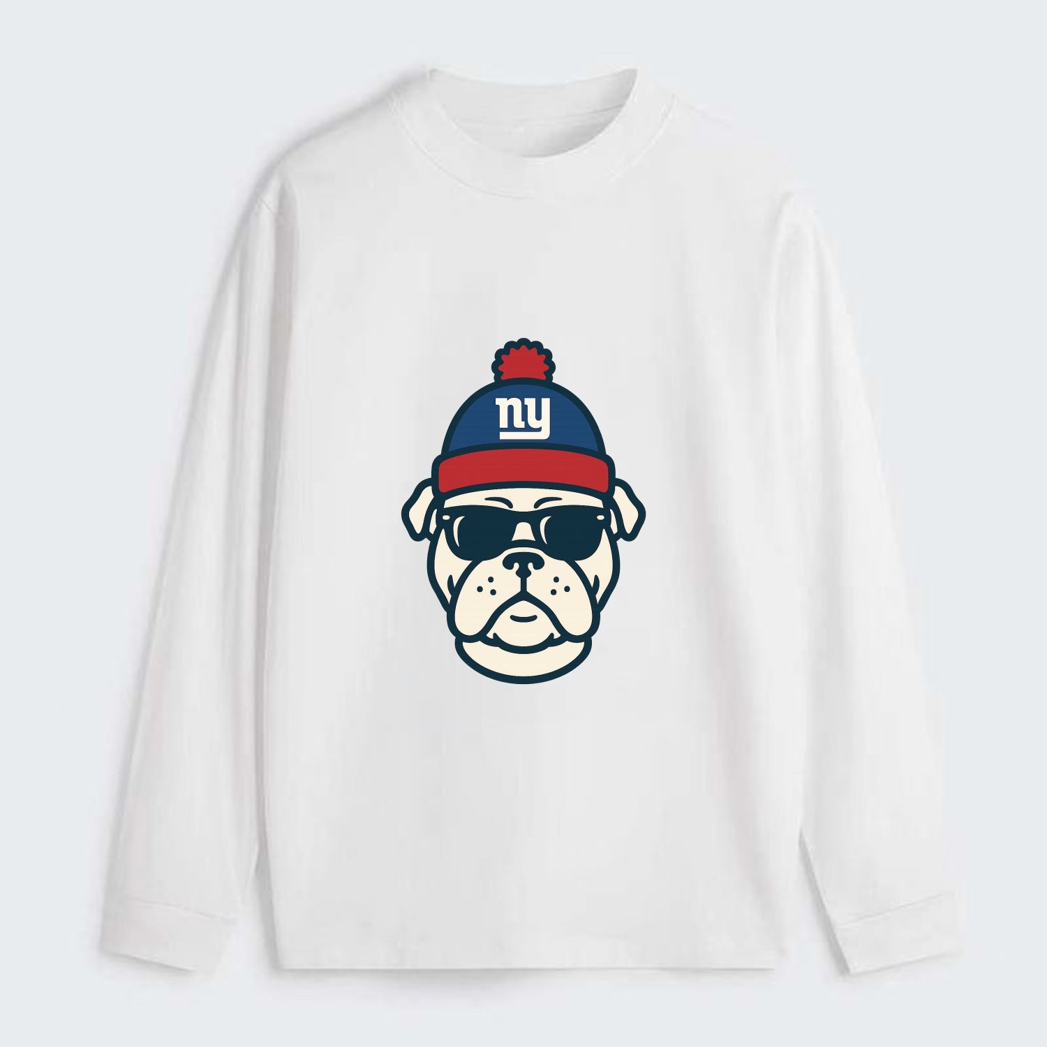 New York Bulldog wearing Giants blue and red beanie with pom pom and - Classic Long Sleeve Shirt - White