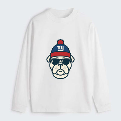 New York Bulldog wearing Giants blue and red beanie with pom pom and - Classic Long Sleeve Shirt - White