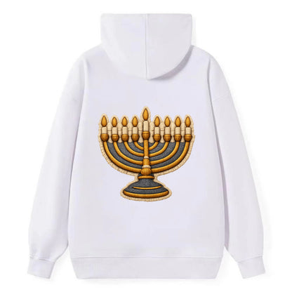 MENORAH LIGHTS - nine branch candelabra in gold and blue , Hanukkah - Classic Pullover Hoodie - White