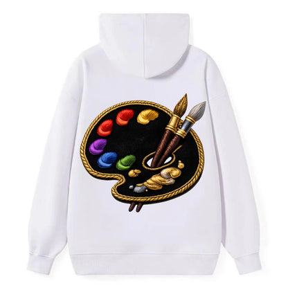 PAINT PALETTE - artist palette with brushes in rainbow and brown , - Classic Pullover Hoodie - White