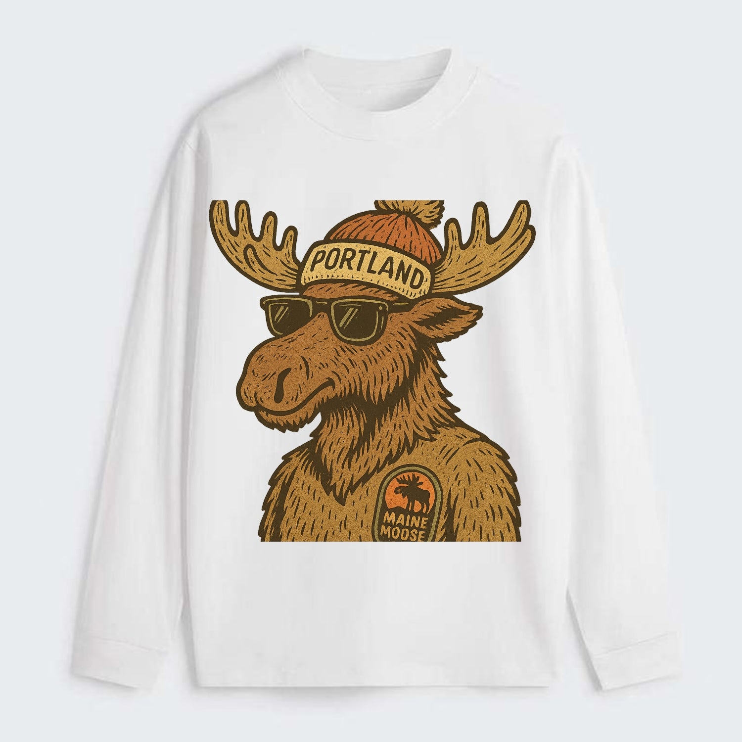 Maine Moose wearing Portland beanie with pom pom and wayfarer sunglasses - Classic Long Sleeve Shirt - White
