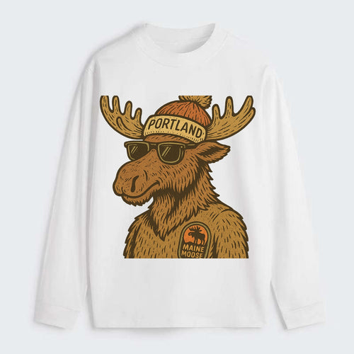 Maine Moose wearing Portland beanie with pom pom and wayfarer sunglasses - Classic Long Sleeve Shirt