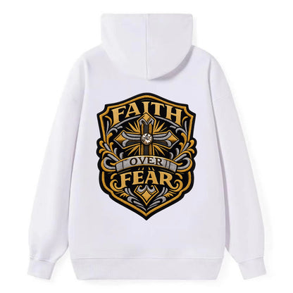 FAITH OVER FEAR - cross with text in gold , spiritual strength - Classic Pullover Hoodie - White