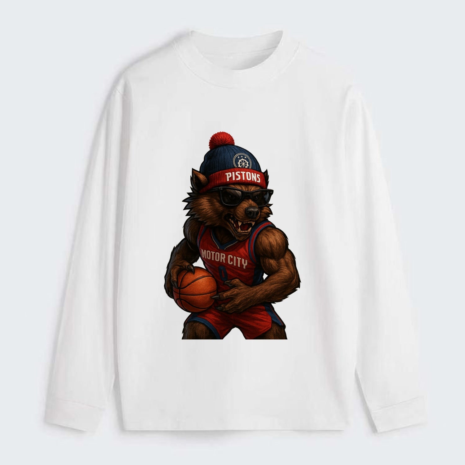 Motor City Wolverine wearing Pistons beanie with gear patch and - Classic Long Sleeve Shirt - White