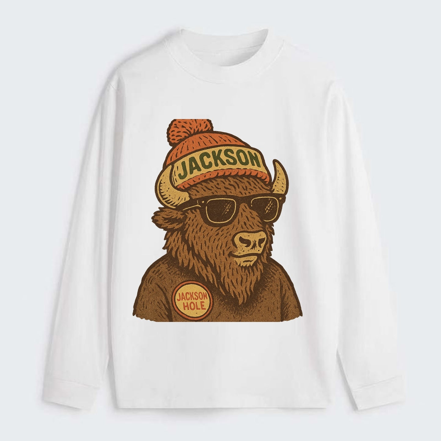 Jackson Hole Bison wearing Jackson beanie with pom pom and wayfarer - Classic Long Sleeve Shirt - White