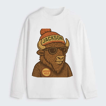 Jackson Hole Bison wearing Jackson beanie with pom pom and wayfarer - Classic Long Sleeve Shirt - White