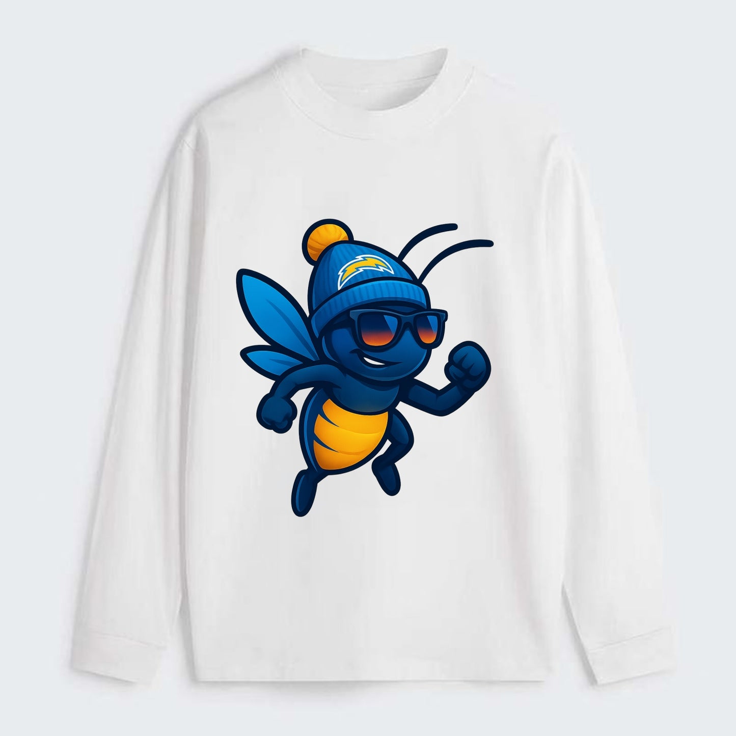 LA Lightning Bug wearing Chargers powder blue and gold beanie with pom - Classic Long Sleeve Shirt - White