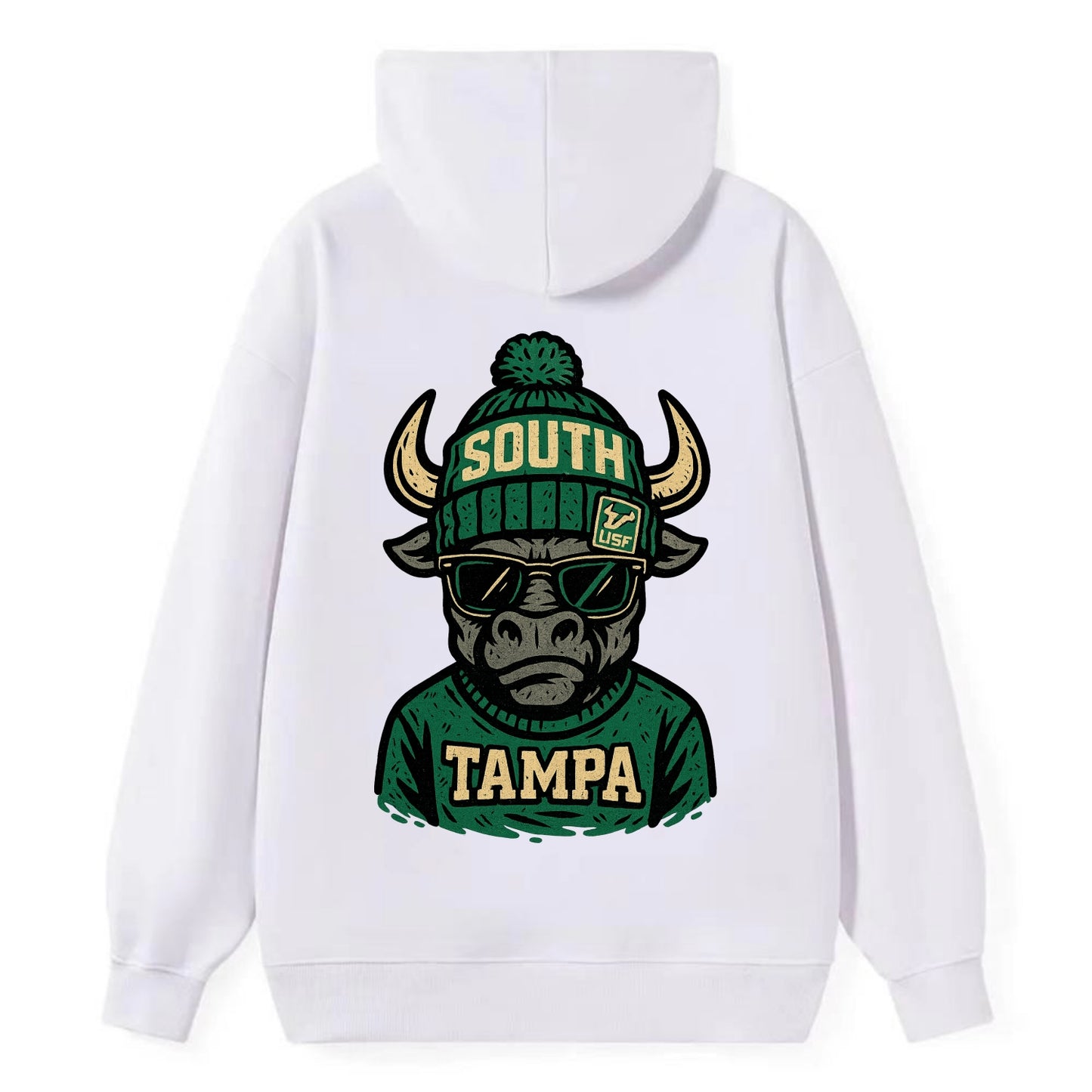 Tampa Bull wearing South Florida beanie with USF patch - Classic Pullover Hoodie - White