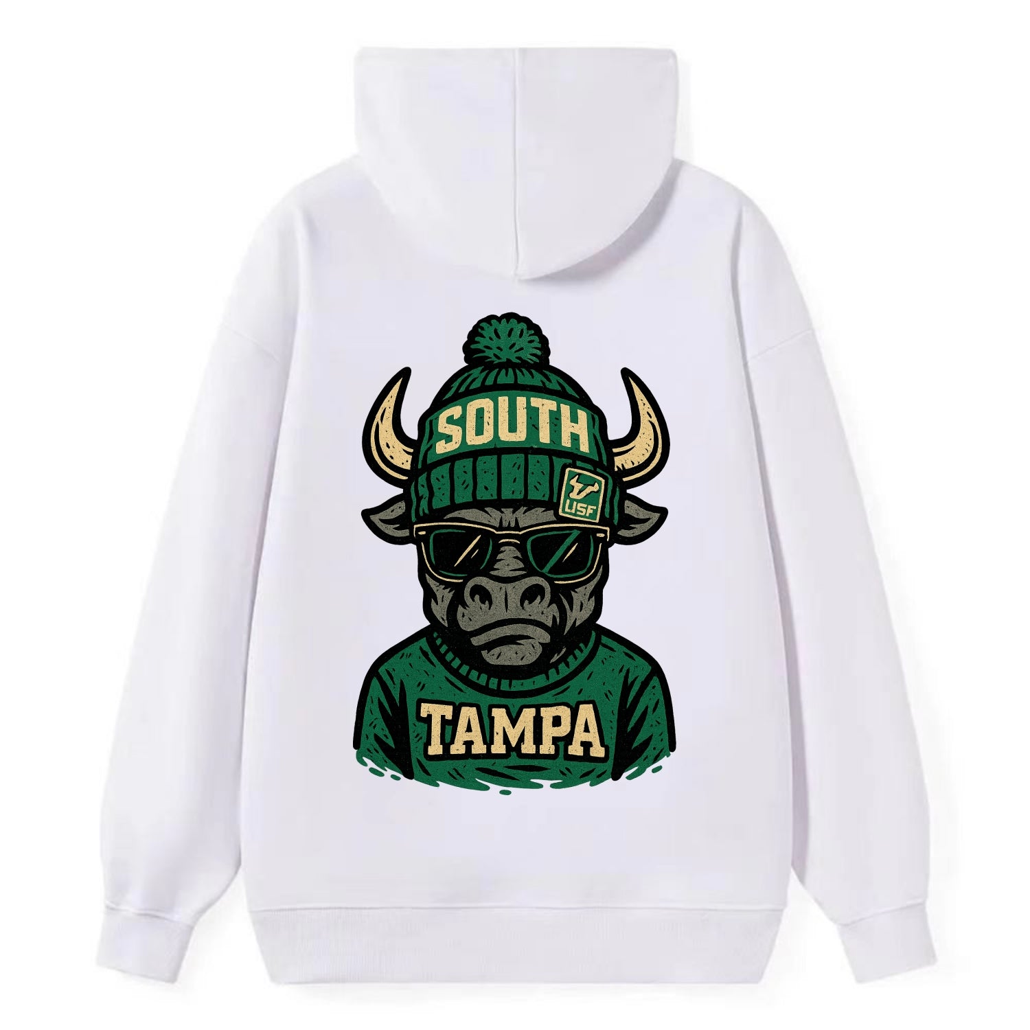 Tampa Bull wearing South Florida beanie with USF patch - Classic Pullover Hoodie - White