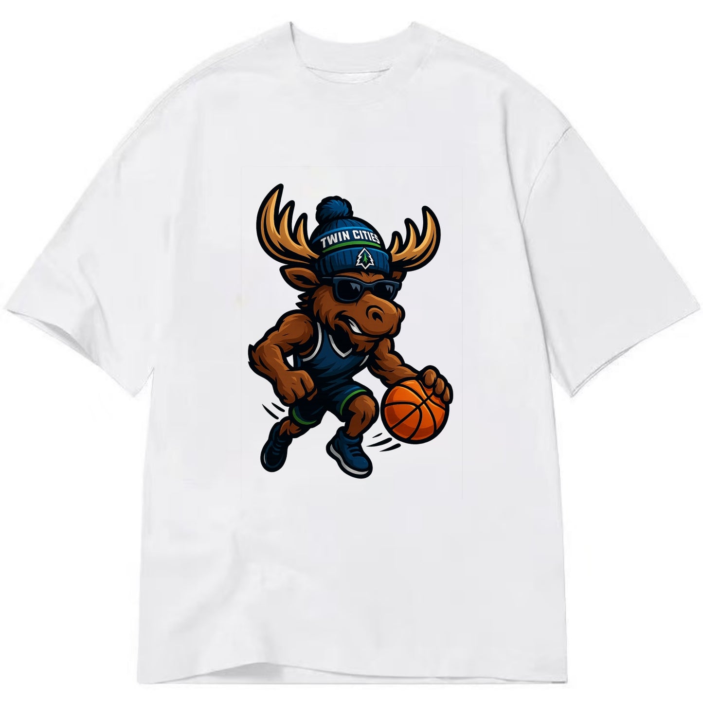 Twin Cities Moose wearing Timberwolves beanie with pine tree patch and wayfarer - Classic T-shirt - White