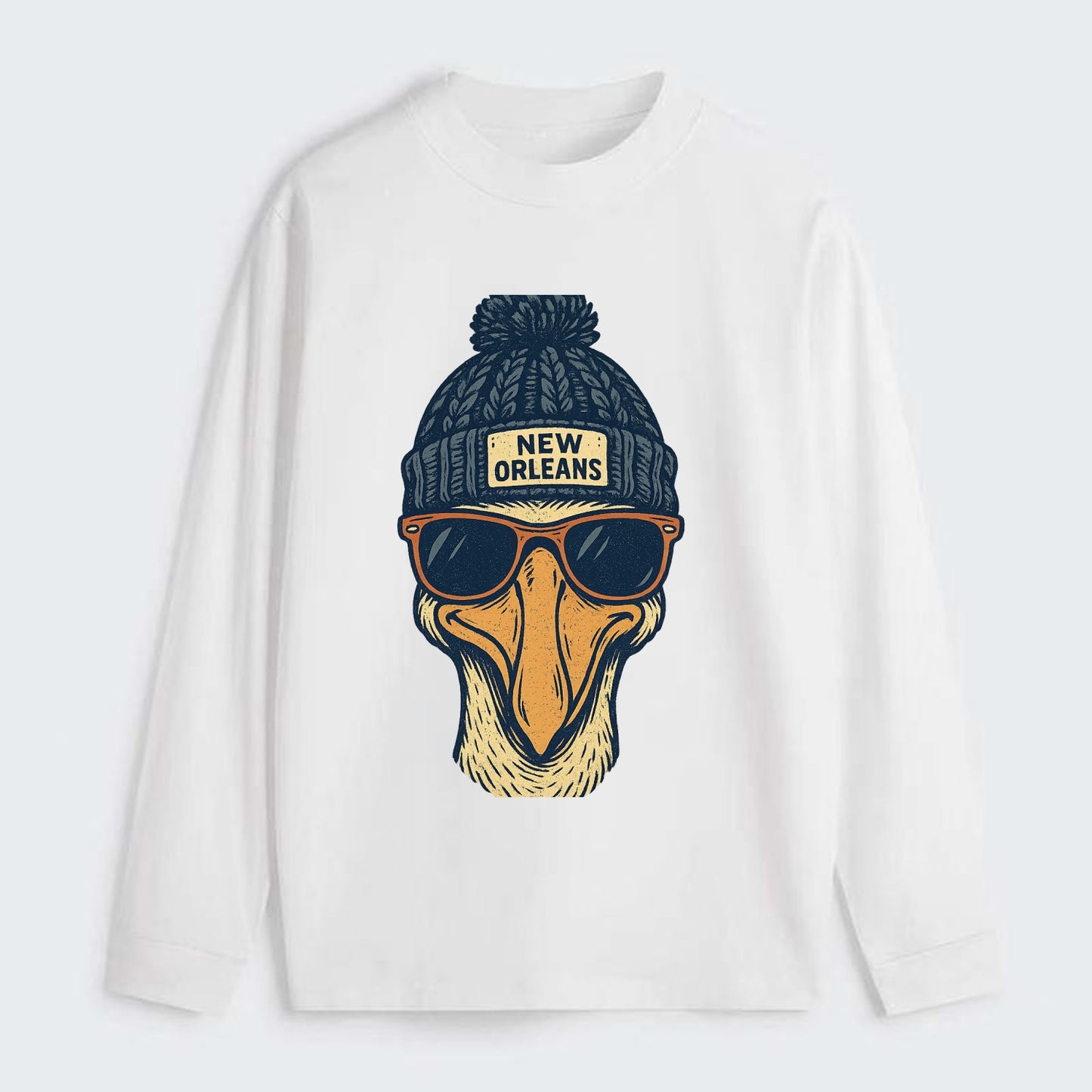 New Orleans Pelican wearing New Orleans beanie with pom pom and - Classic Long Sleeve Shirt - White