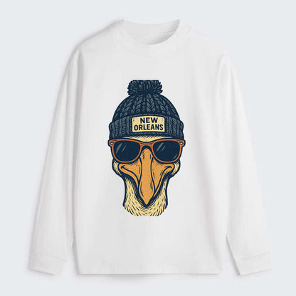 New Orleans Pelican wearing New Orleans beanie with pom pom and - Classic Long Sleeve Shirt - White
