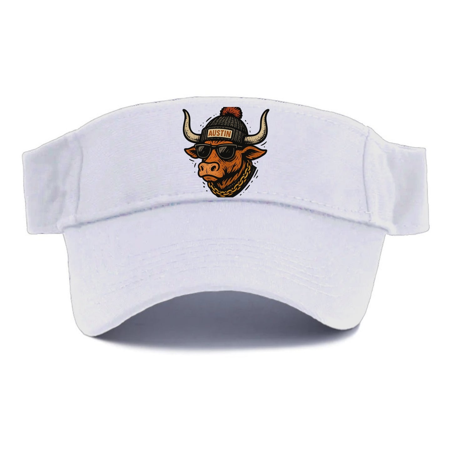 Texas Longhorn wearing Austin beanie with pom pom and wayfarer sunglasses - Visor - White